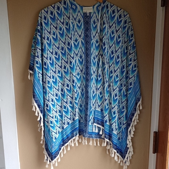 Bobbie Brooks Open Front Cardigan Blue Boho Fringe One Size - Picture 1 of 7